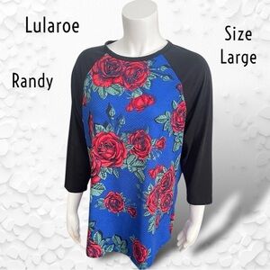 Lularoe Women's Randy Beautiful Roses on Royal Blue Randy Baseball T-shirt Large